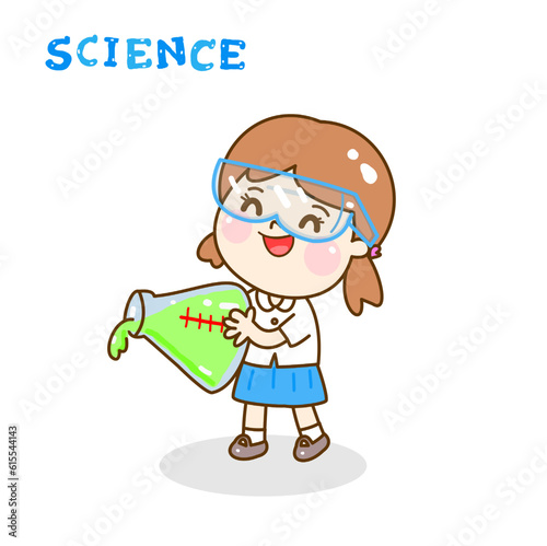 Cartoon kids learning science classroom.