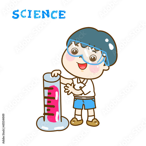 Cartoon kids learning science classroom.