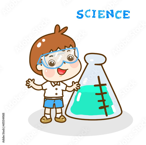 Cartoon kids learning science classroom.