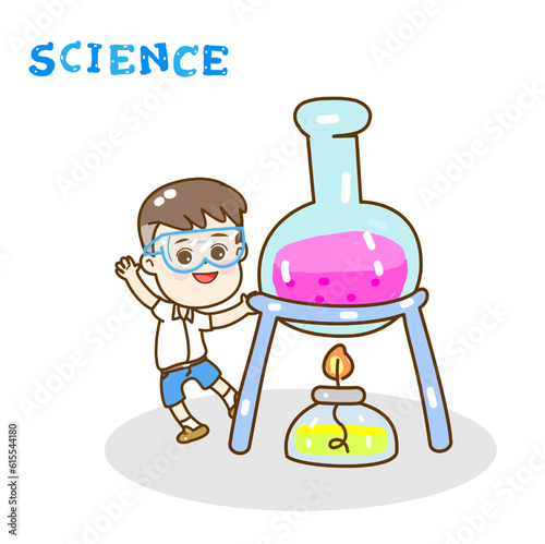 Cartoon kids learning science classroom.