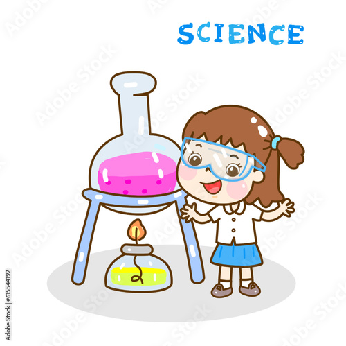 Cartoon kids learning science classroom.