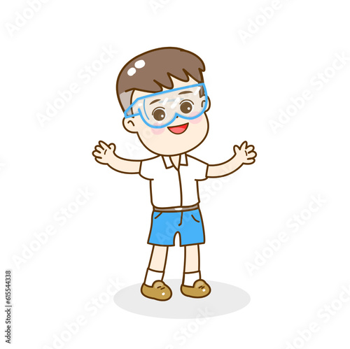 Cartoon kids learning science classroom.