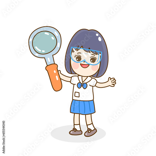 Cartoon kids learning science classroom.