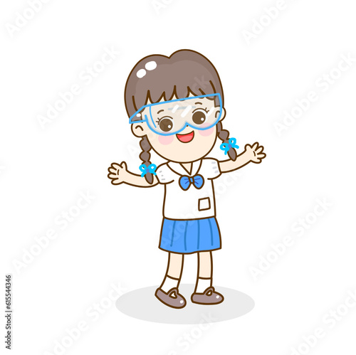 Cartoon kids learning science classroom.