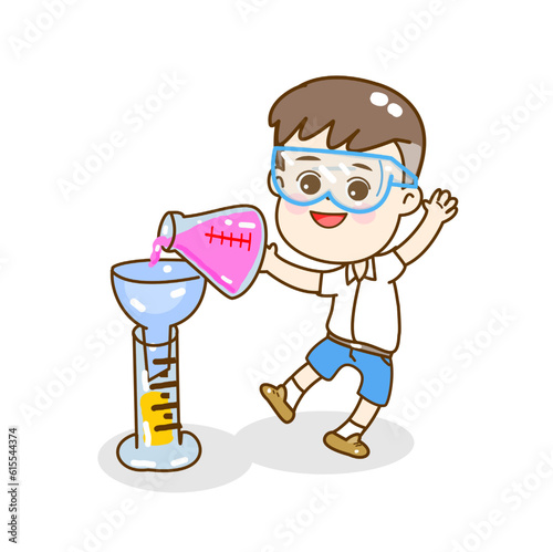 Cartoon kids learning science classroom.