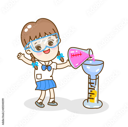 Cartoon kids learning science classroom.
