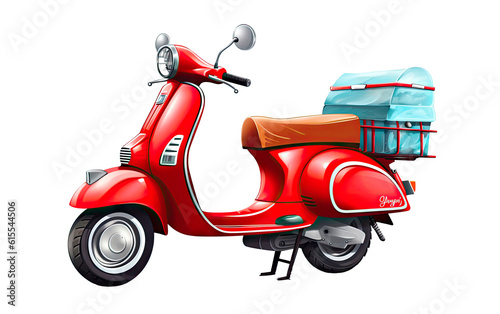 Courier service Delivery. Creative concept design scooter red color, cardboard boxes. Time to Shopping.