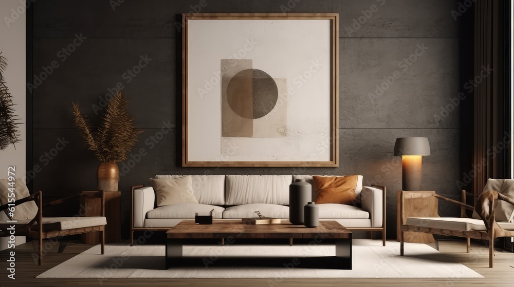 Mockup poster frame in modern interior. 3D Render. Generated with AI technology. Mockup poster frame in modern interior. 3D Render. Generated with AI technology.