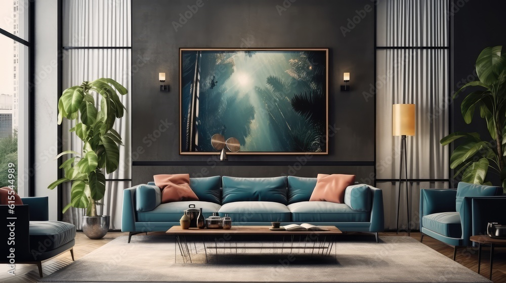Mockup poster frame in modern interior. 3D Render. Generated with AI technology. Mockup poster frame in modern interior. 3D Render. Generated with AI technology.