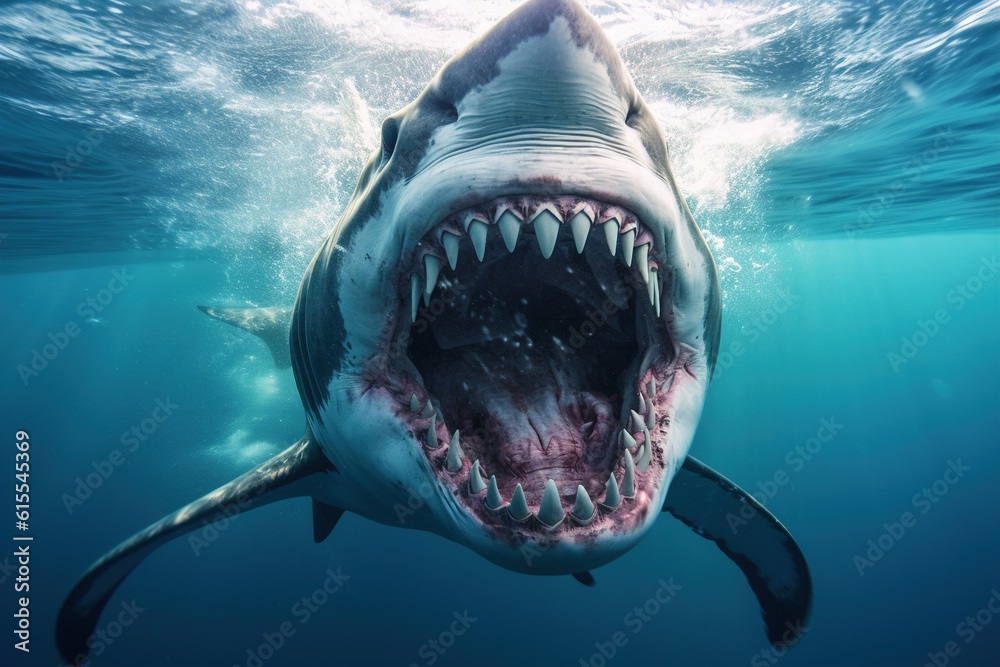 Aggressive shark, dangerous aquatic predator with large jaws. Close-up