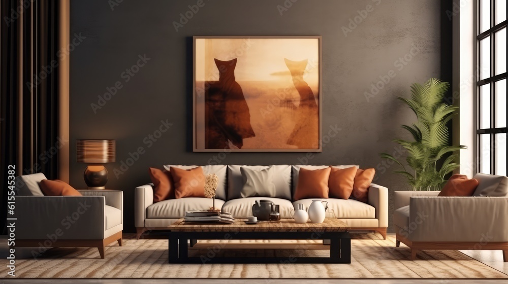 Mockup poster frame in modern interior. 3D Render. Generated with AI technology. Mockup poster frame in modern interior. 3D Render. Generated with AI technology.