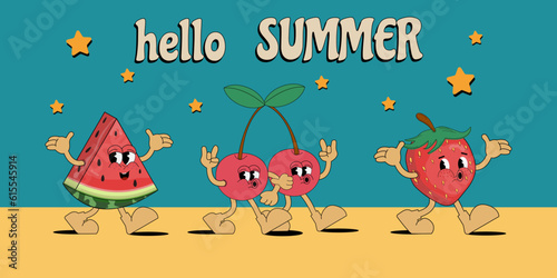 Banner hello summer. A set of funny fruit mascots: happy watermelon, strawberries, cherries on a blue background. Vector flat illustration of comic characters in a trendy retro cartoon style of the 70