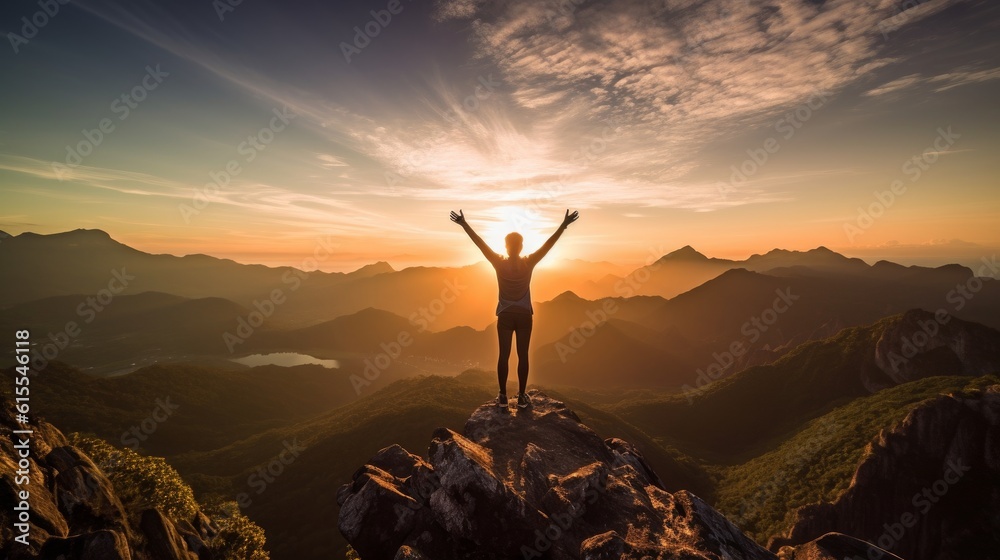 Silhouette of a man on top of a mountain at sunset with outstretched arms. The concept of the beauty of nature and the feeling of freedom. Generative AI