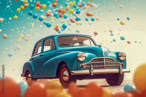 Retro car on the festive background with air balloons. Super photo realistic background. Generative ai illustration