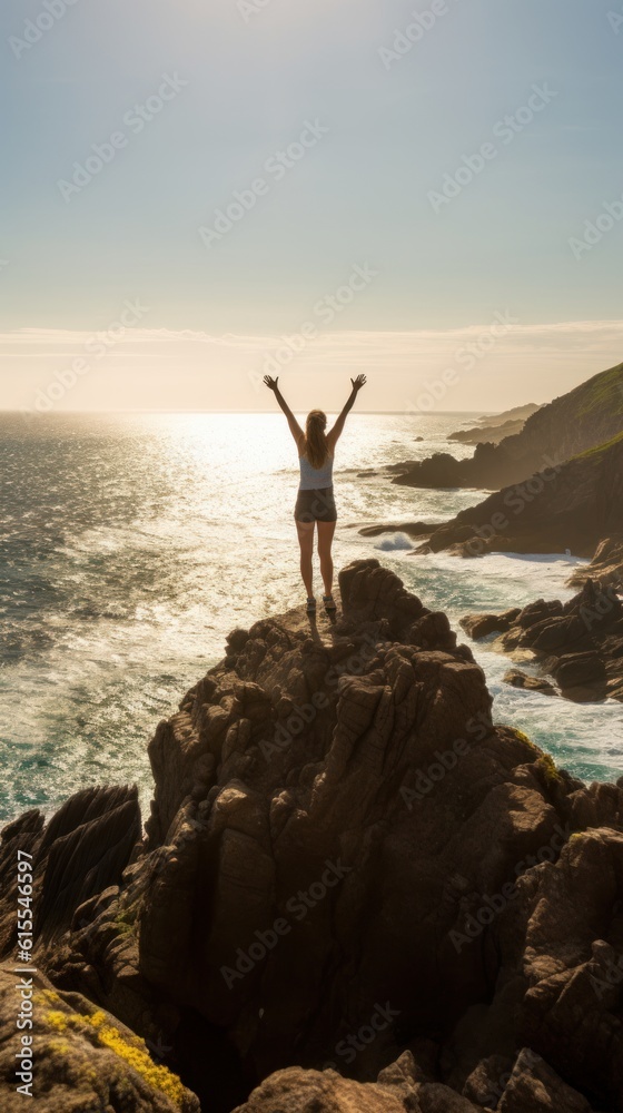 Woman stands on a rocky cliff overlooking a vast ocean with her arms raised. Concept of personal achievement and overcoming challenges. Generative AI