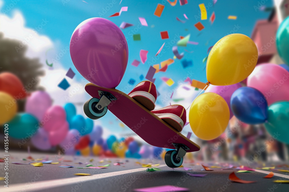 skateboard for kids on the festive background with air balloons. Super