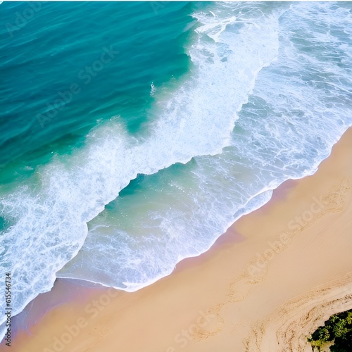 Beach Ariel Drone style Shot with waves on sandy beach background wallpaper with copy space