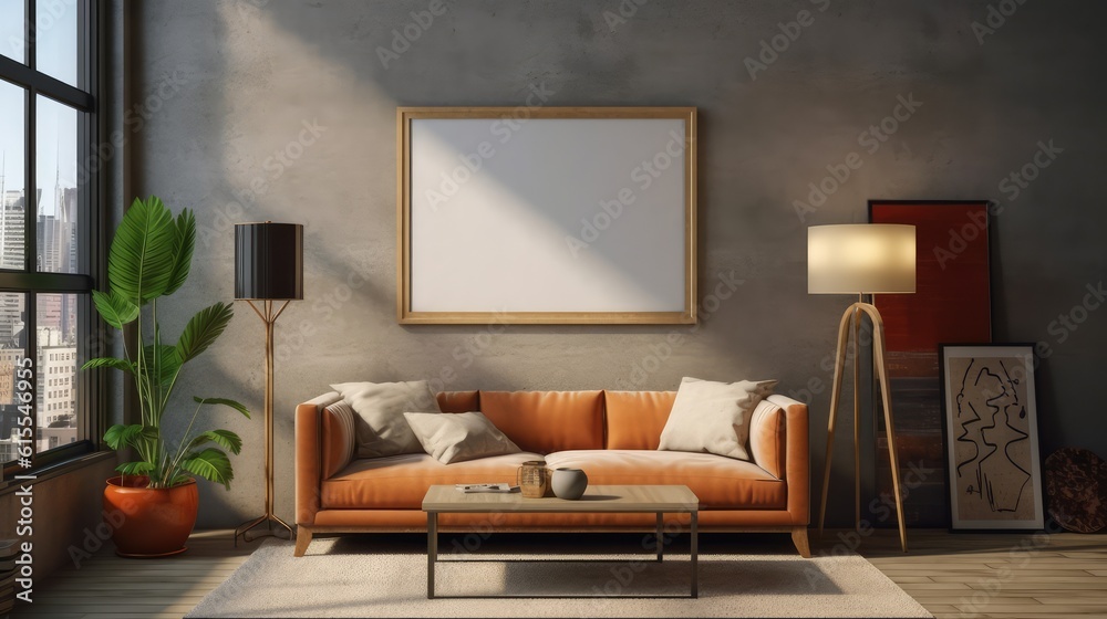 Mockup poster frame in modern interior. 3D Render. Generated with AI technology. Mockup poster frame in modern interior. 3D Render. Generated with AI technology.