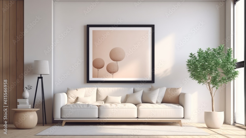 Mockup poster frame in modern interior. 3D Render. Generated with AI technology. Mockup poster frame in modern interior. 3D Render. Generated with AI technology.