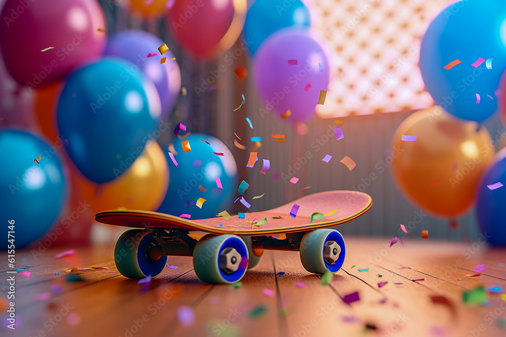 skateboard for kids on the festive background with air balloons. Super