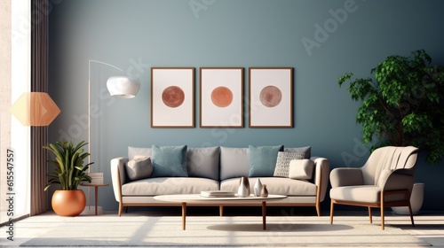 Mockup poster frame in modern interior. 3D Render. Generated with AI technology. © Muzaffer Stock