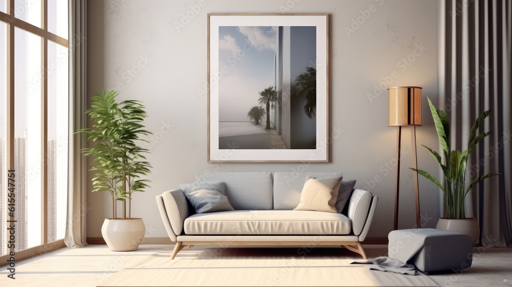 Fototapeta premium Mockup poster frame in modern interior. 3D Render. Generated with AI technology.