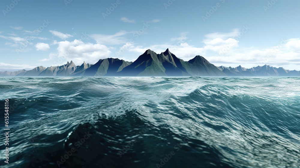 a beautiful shot of the ocean in the north with mountains and hills, wallpaper artwork, ai generated image