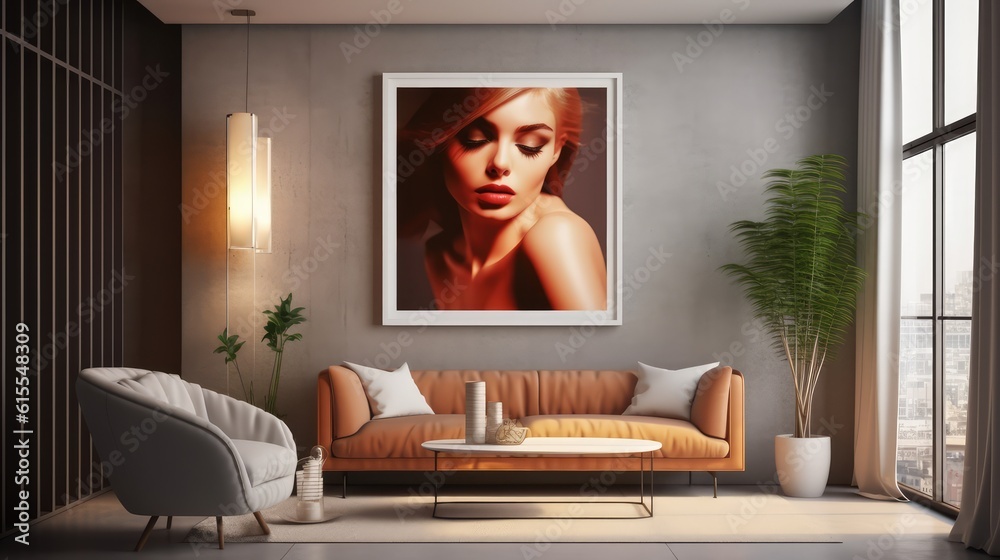 Mockup poster frame in modern interior. 3D Render. Generated with AI technology. Mockup poster frame in modern interior. 3D Render. Generated with AI technology.