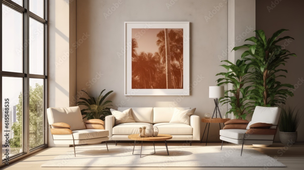Mockup poster frame in modern interior. 3D Render. Generated with AI technology. Mockup poster frame in modern interior. 3D Render. Generated with AI technology.