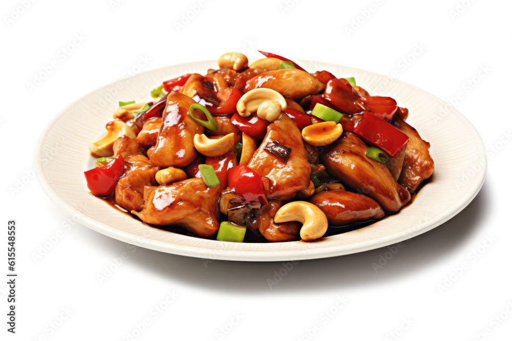 Delicious Plate of Kung Pao Chicken Isolated on a White Background. Delicious Plate of Kung Pao Chicken Isolated on a White Background.