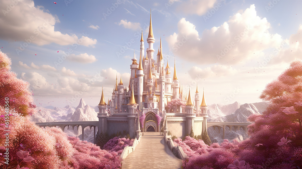 Fototapeta impressive long entrance road to a fairytale castle, ai generated image