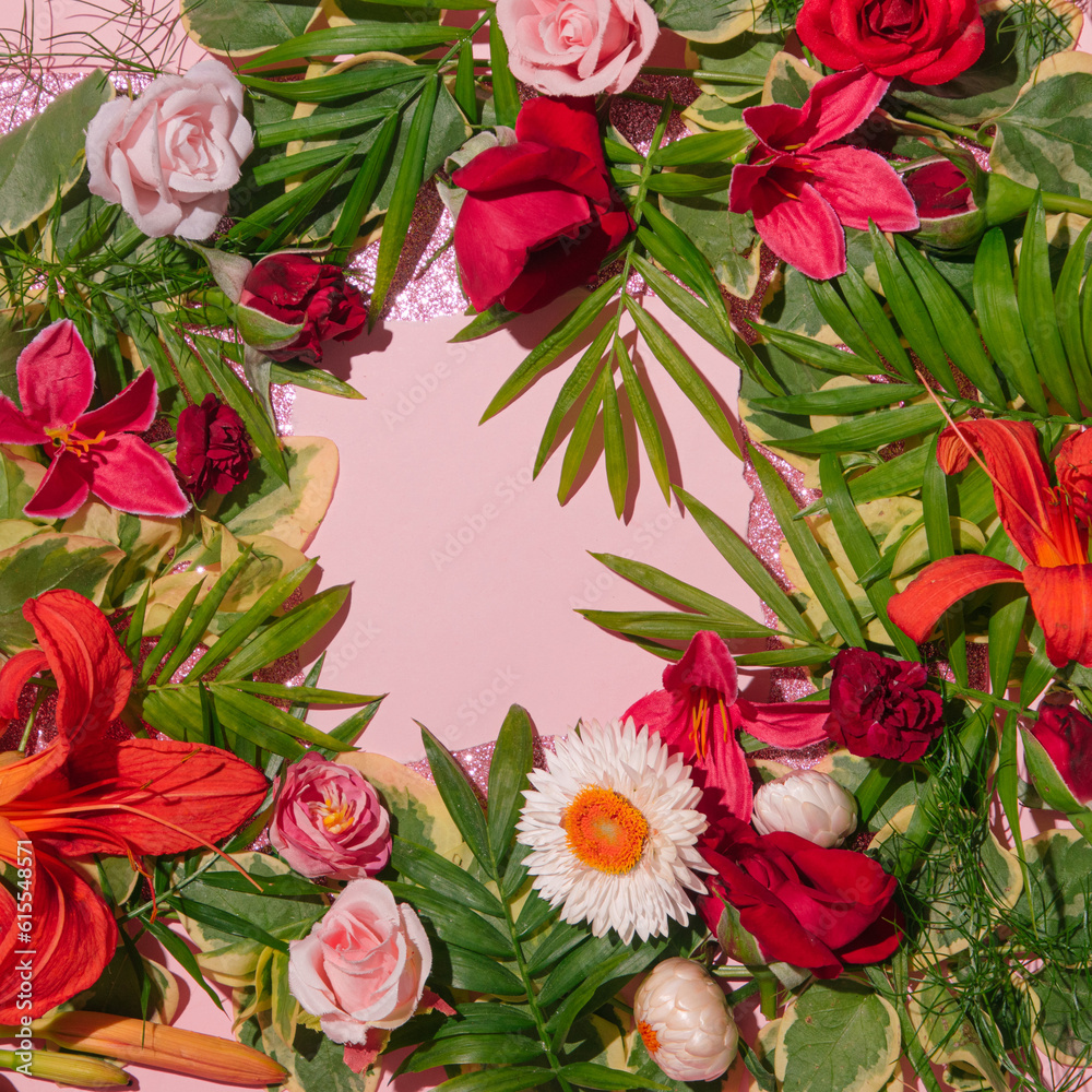 Tropical leaves and flowers, creative floral frame on pastel pink background. Tropical leaves and flowers, creative floral frame on pastel pink background.