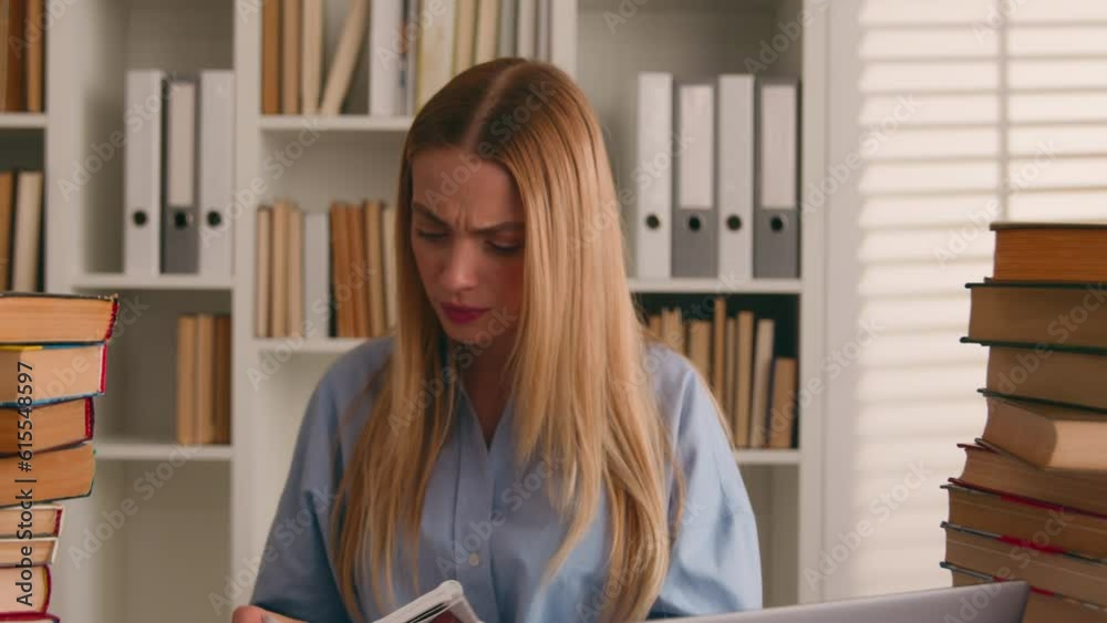 Stressed angry tired Caucasian student girl woman stressful learner business corporate studying with laptop and books problem bad result homework prep to exams learning trouble e-learning difficulties Stressed angry tired Caucasian student girl woman stressful learner business corporate studying with laptop and books problem bad result homework prep to exams learning trouble e-learning difficulties