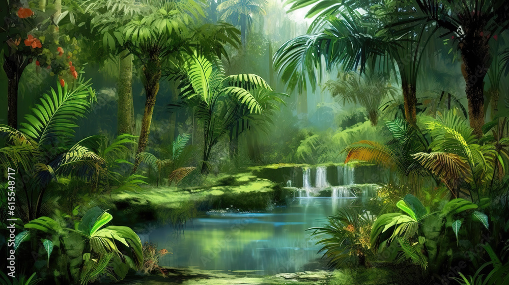 a beautiful untouched place in a rainforest, wallpaper artwork, ai generated image