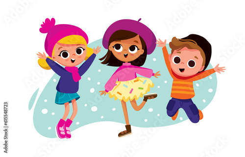 Group of children in winter clothes jumping. Cheerful kids with winter background.
