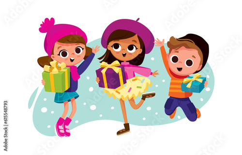 Group of children holding gift boxes. Cheerful kids with winter background.