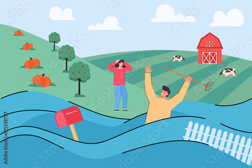 Scared farmer during flood in fields vector illustration. Cartoon drawing of man in water asking for help, farm with livestock and crops. Environment, ecology, natural disasters, agriculture concept