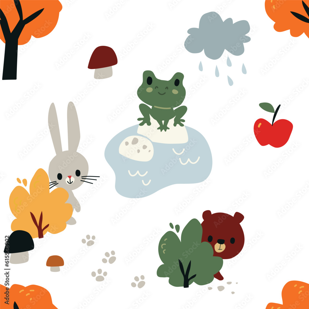 Fototapeta premium Forest animals. Rabbit and bear hiding. Frog sitting on a stone.