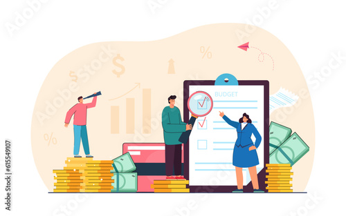 Tiny people with checklist managing budget vector illustration. Cartoon drawing of man with spyglass standing on stack of coins, financial growth. Budget management, finances, success concept