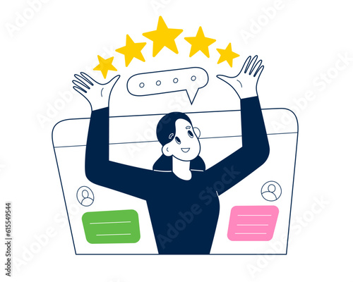 Customer leaves a good review, female client leaves positive feedback, give 5 stars rating on social media, person writing comment in form, abstract website window, flat vector illustration