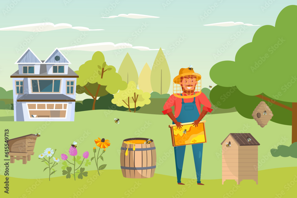Fototapeta premium Beekeeper with beehive and honey barrel vector illustration. Cartoon drawing of happy farmer growing bees for selling honey, threat to species. Beekeeping, agriculture, commerce, ecology concept