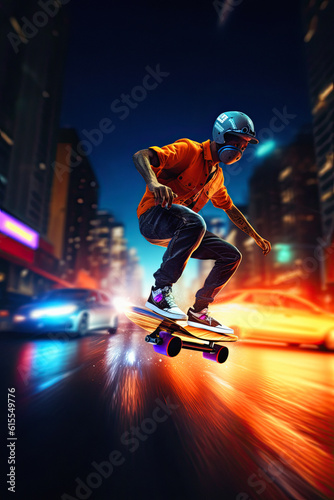 full body of man ride skate board . night neon city. ai generative