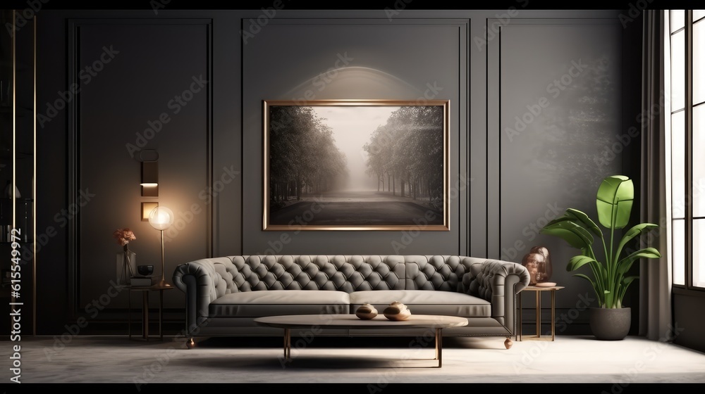 Mockup poster frame in modern interior. 3D Render. Generated with AI technology.