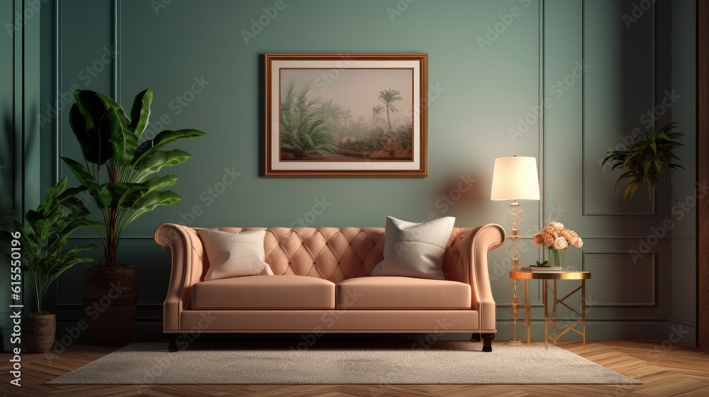Obraz premium Mockup poster frame in modern interior. 3D Render. Generated with AI technology.