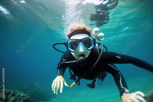 Scuba diver woman swimming in the under water sea.illustration. Ai generative.