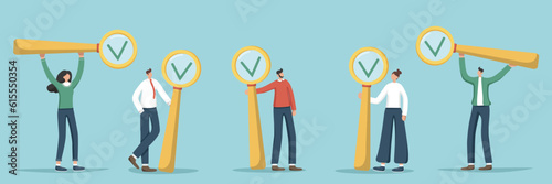 A set of illustrations of random people holding magnifying glasses. Choice concept. Questioning and voting, survey and testing. Check and track the progress of tasks in a planner or calendar.