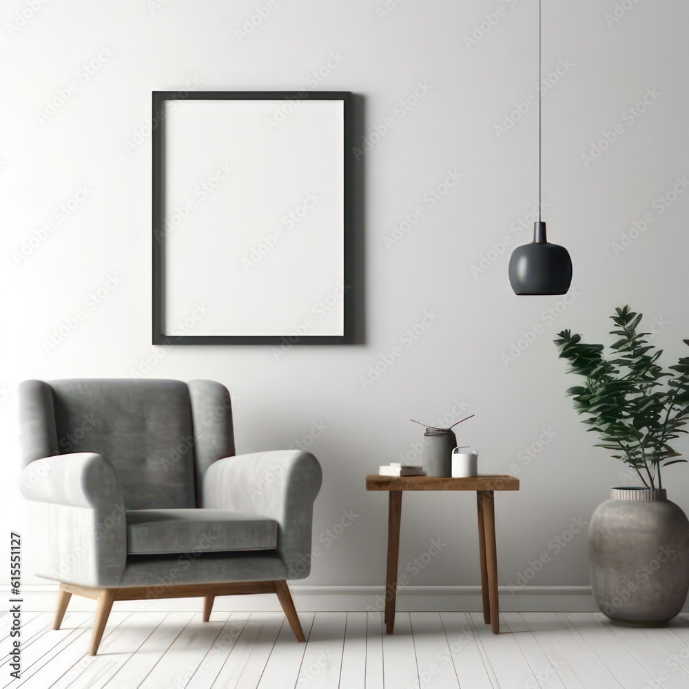 Fototapeta premium Modern living room blank vertical picture frame with white background created with Generative AI