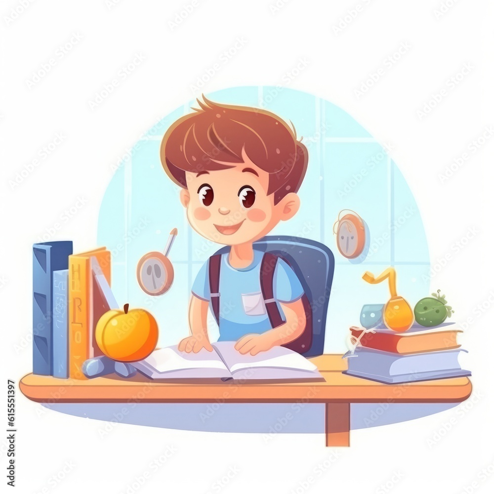 Drawing of happy schoolboy sitting at desk in classroom. Smiling little boy studying at a table in school. Small child doing homework on white background. Studying educational concept. AI generated Drawing of happy schoolboy sitting at desk in classroom. Smiling little boy studying at a table in school. Small child doing homework on white background. Studying educational concept. AI generated