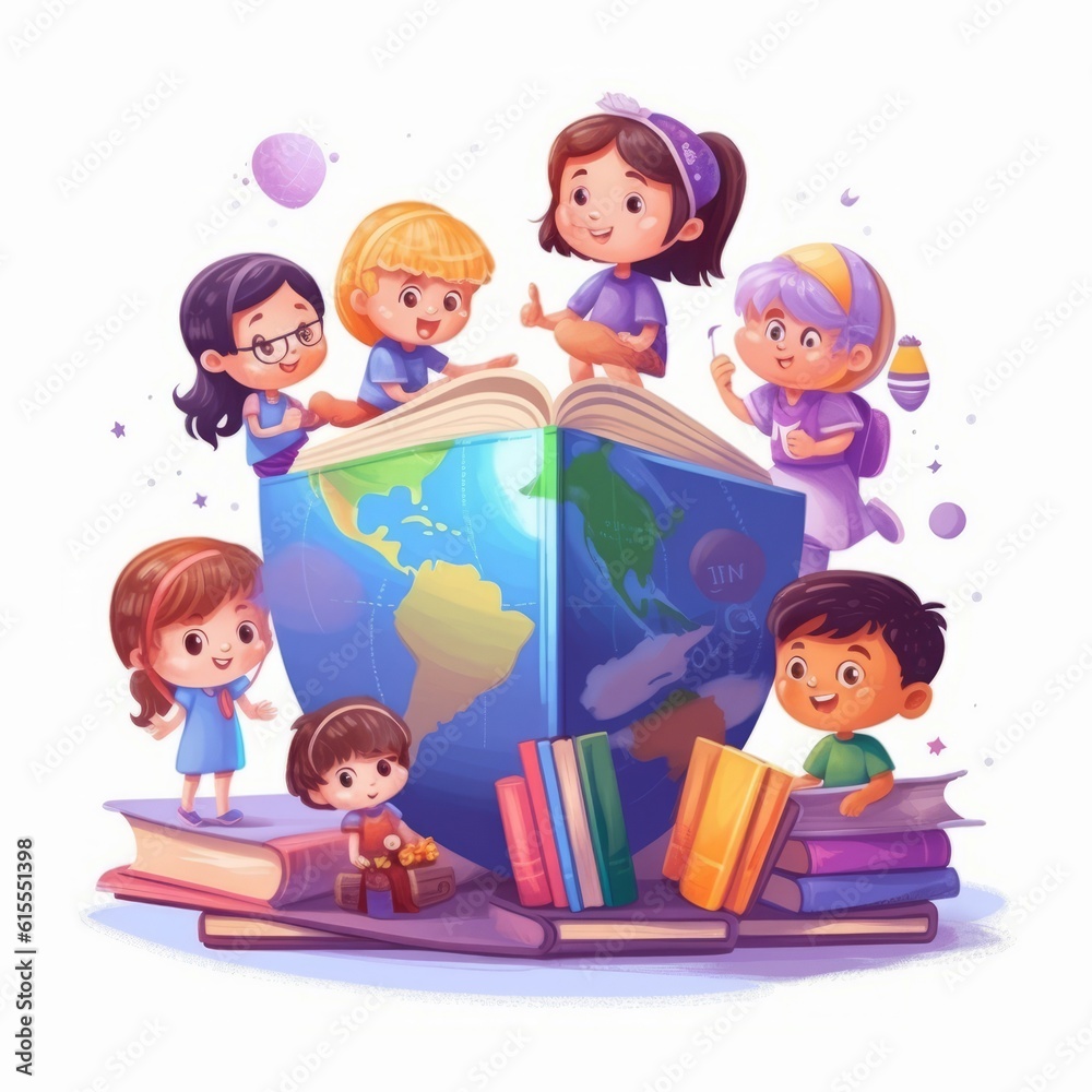 Group of happy children reading books around globe. Vector illustration. Cute little kids around planet in cartoon style. Young pupils with books on white background. Education concept. AI generated Group of happy children reading books around globe. Vector illustration. Cute little kids around planet in cartoon style. Young pupils with books on white background. Education concept. AI generated