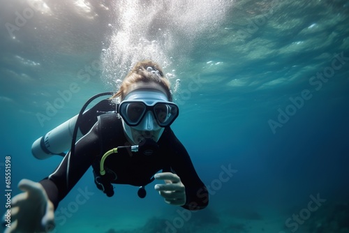 Scuba diver woman swimming in the under water sea.illustration. Ai generative. © Alex